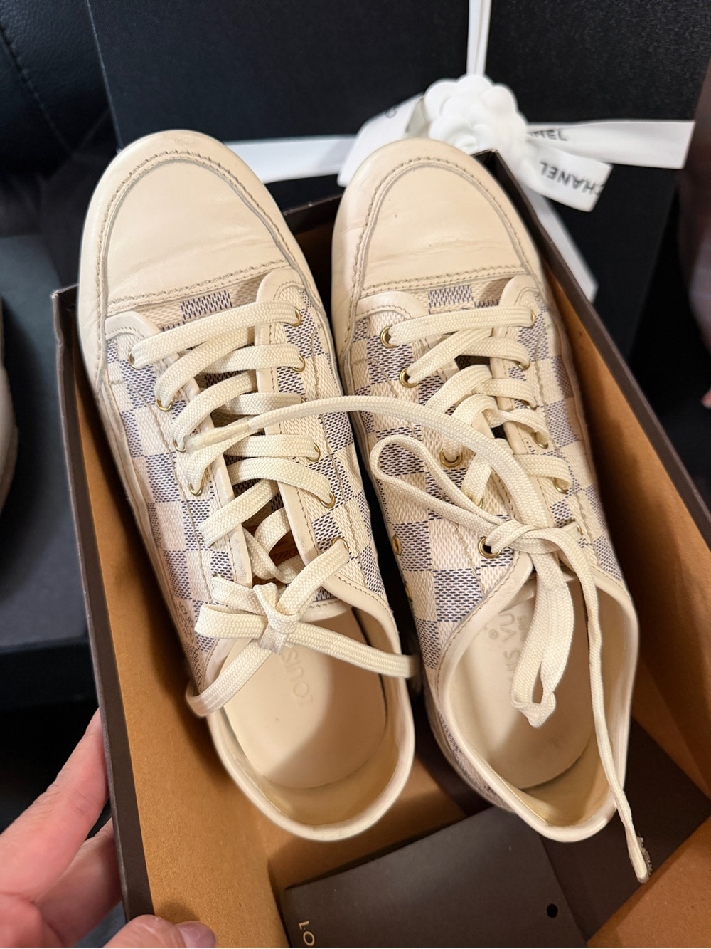 Louis Vuitton Beige Checkered Canvas & Cream Leather Sneakers